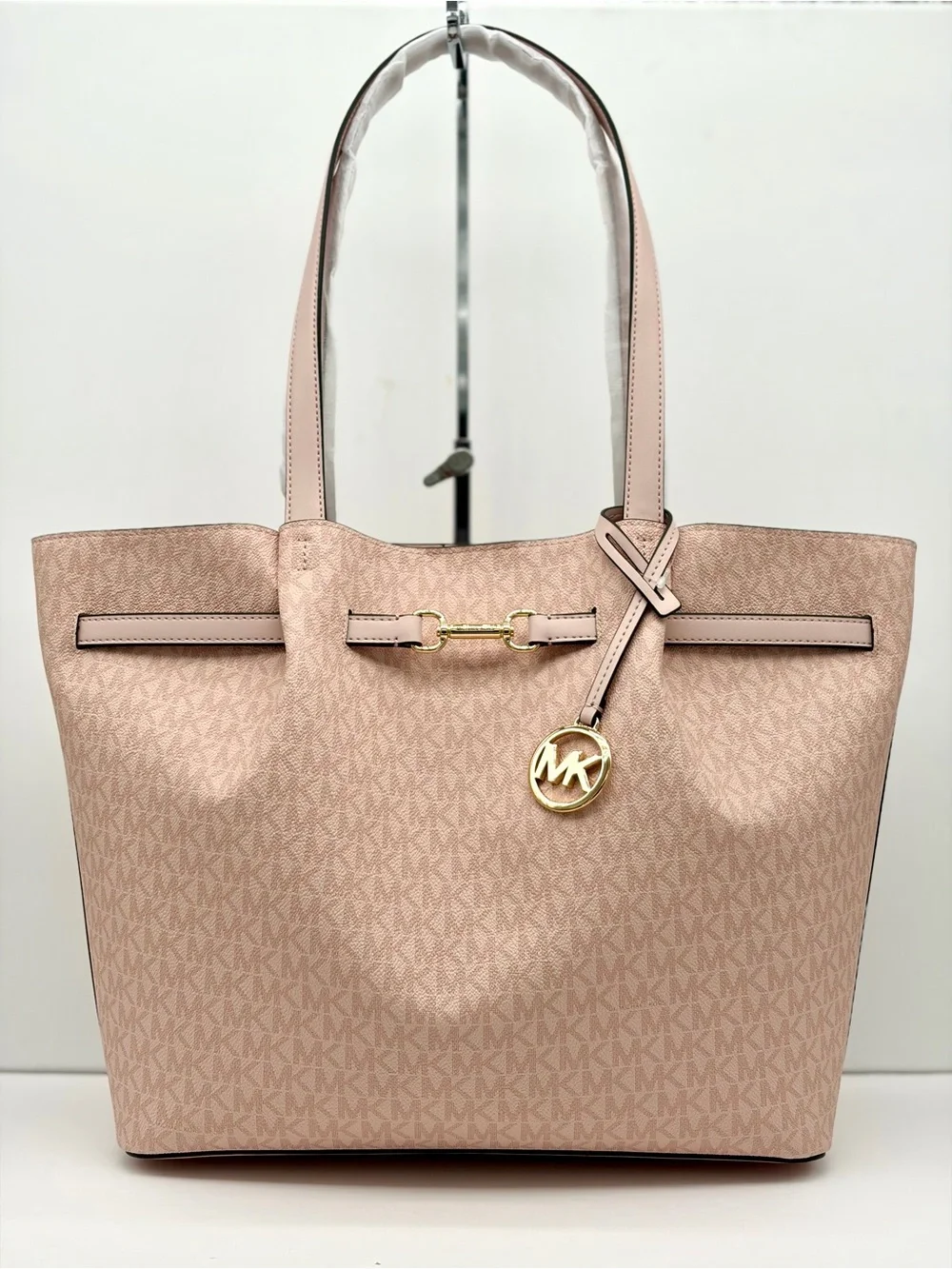 Michael Kors Carson Lg CZ EW Signature Logo Shoulder Tote Handbag Powder Blush